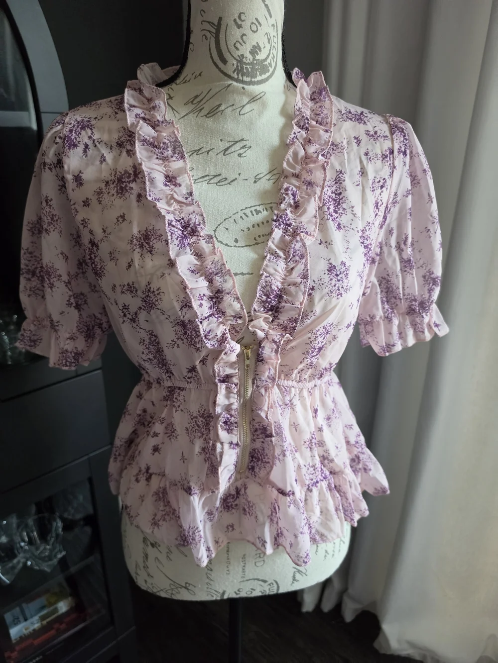 Sheer Floral Lavender Peplum Blouse with Zip Front